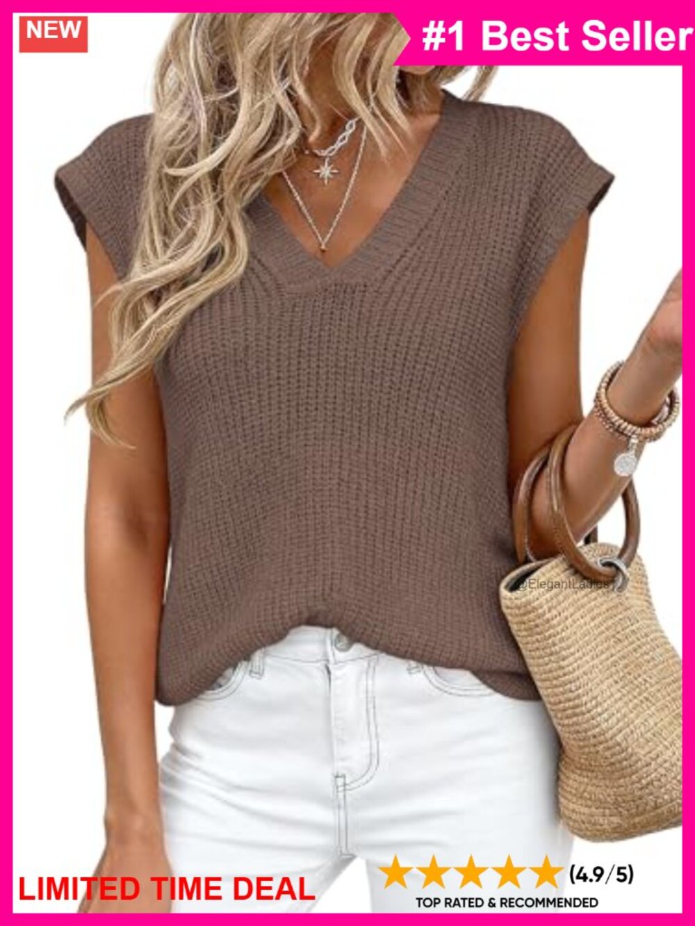 PRETTYGARDEN Women's Cap Sleeve Sweater Vest Split Hem V-Neck Knit Top